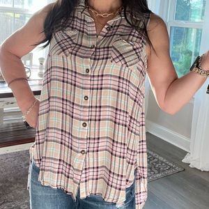 Pink Lily button up sleeveless top with tuxedo tail back - tan & pink plaid